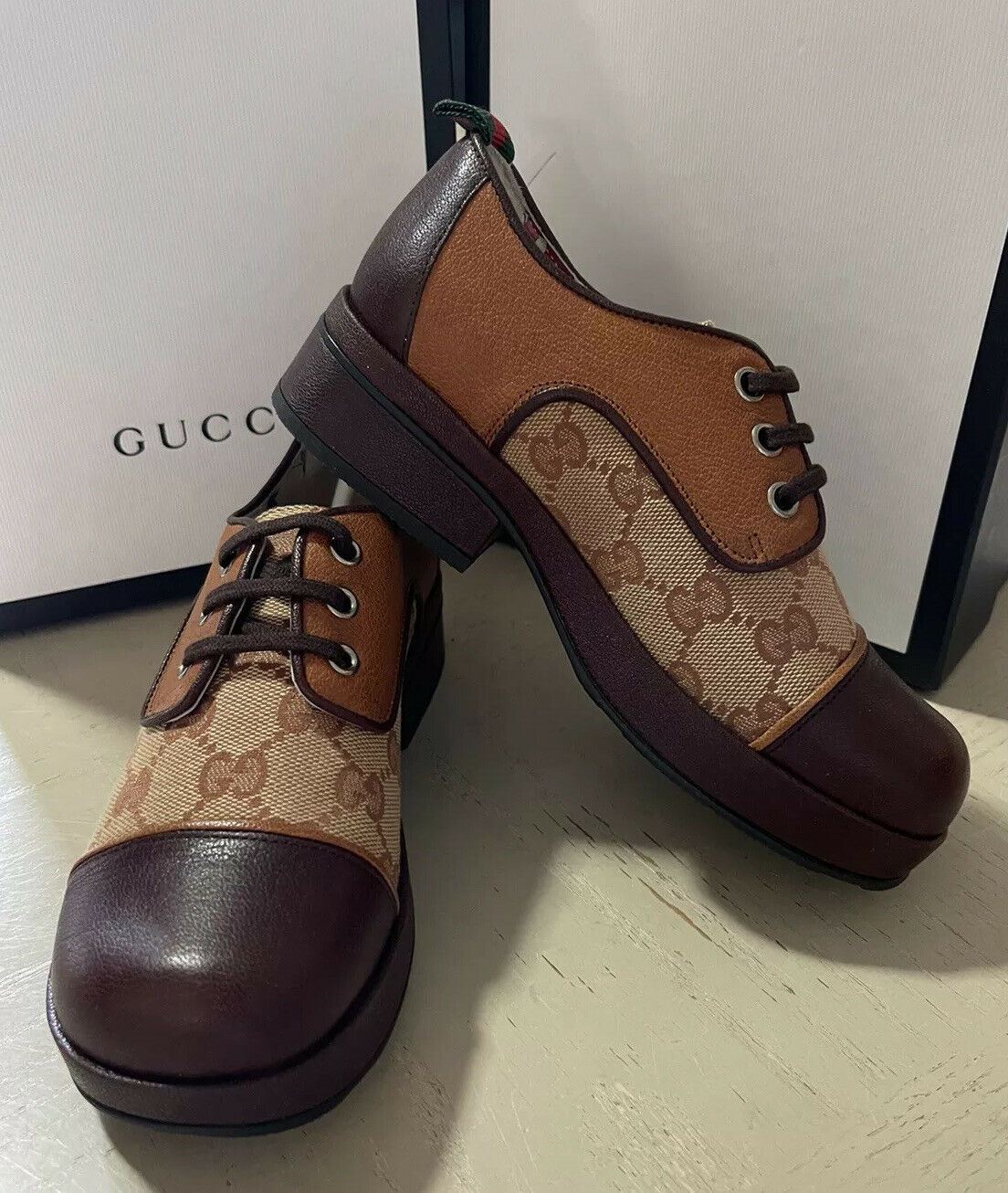 NIB $1100 Gucci Boys GG Monogram Leather/Canvas Shoes Brown Size 31/13 US Age 6