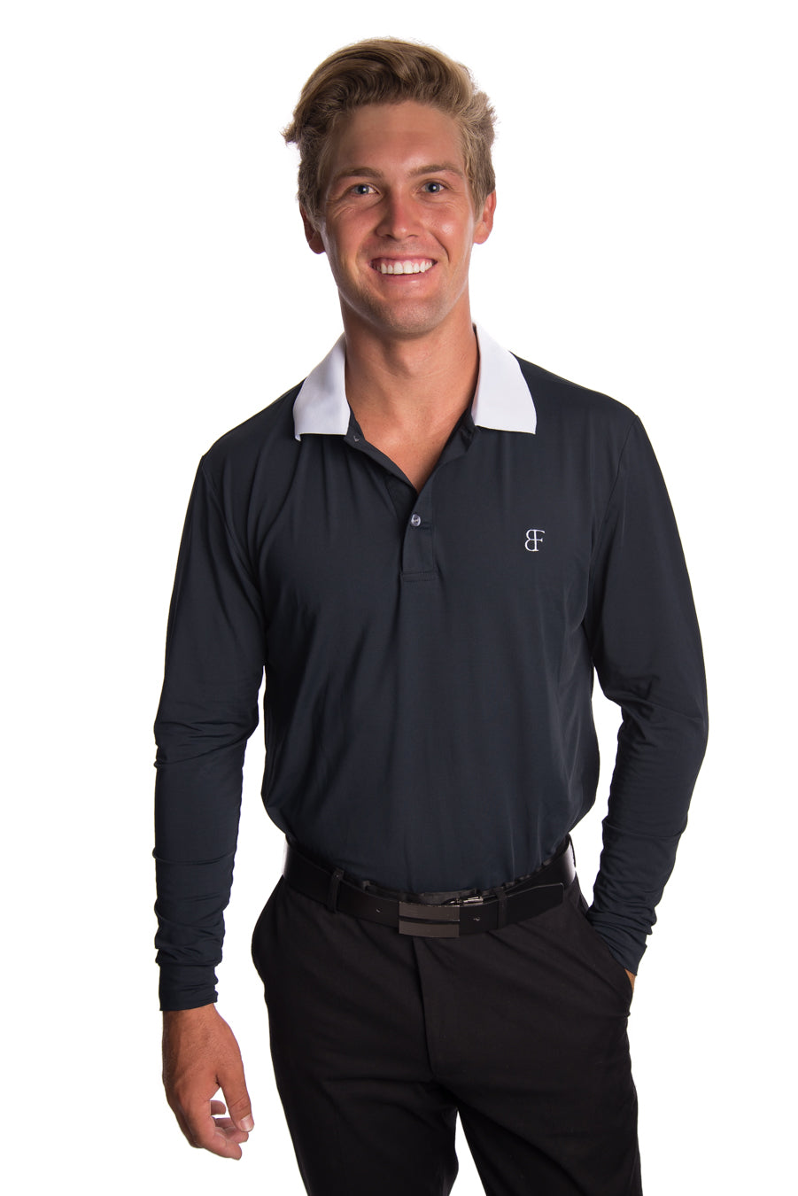 navy blue golf shirt