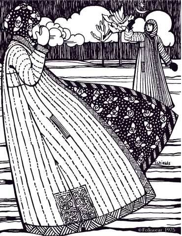 pen and ink illustration of turkish coat worn on a woman in the foreground facing to the side and a woman in the background facing forward.