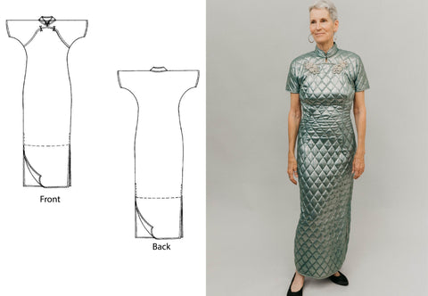 On left is line drawing of the cheongsam and on the right is an image of a woman wearing a teal quilted long cheongsam.