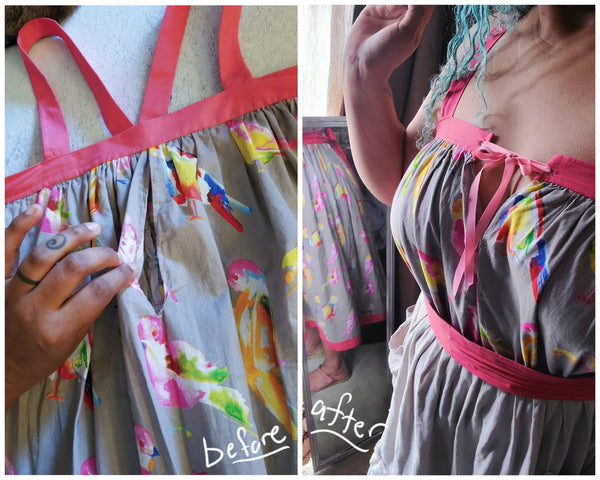 Before and after photos of front of dress adjusted for sizing with a slit and ribbon.
