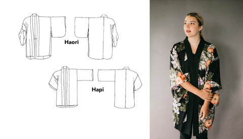 Right side is a young woman wearing a black Haori with a floral print; left side is line drawings of a Hapi and haori front and back.