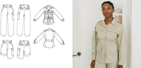 On the right is a Black woman wearing a khaki safari jacket standing in front of a white door, and on the left is line drawings of jacket, trousers, and shorts from the pattern.