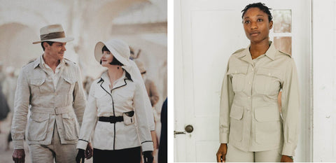Image on right is Black woman in khaki safari jacket. Image on left is Miss Fisher and a man in a khaki safari jacket.