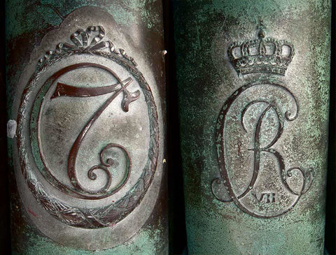 Monogram on metal from 1700s.  C with a 7 in the middle and CR with a crown above it.