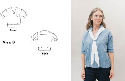 On left is line drawings of one Middie shirt, front and back.  On right is image of a woman wearing a blue middle blouse with a white scarf around the neck and through the shirts scarf holder