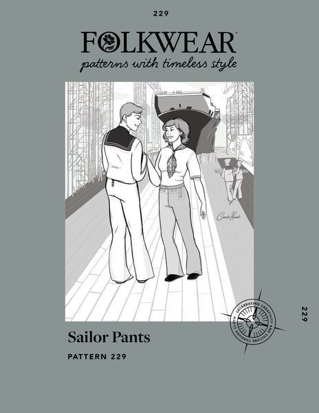 cover of pattern - black and white illustration of a woman and man meeting in front of a ship construction site wearing sailor pants