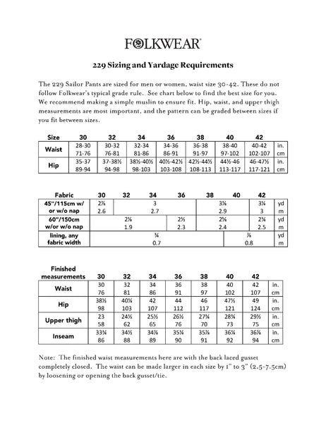 Folkwear 229 Sailor pant Sizing chart