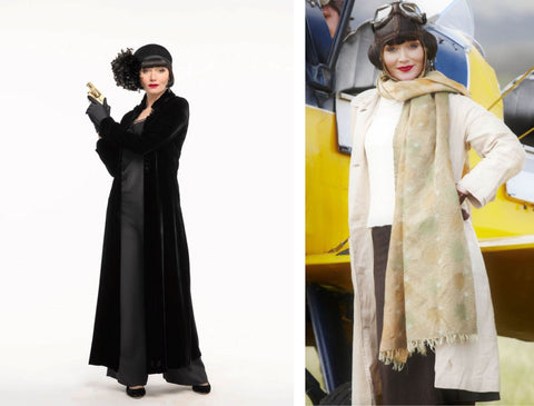 Miss Fisher in a black velvet duster holding a gun on the left; Miss Fisher wearing a tan duster and aviator goggles and a scarf in front of a yellow plane on the right.