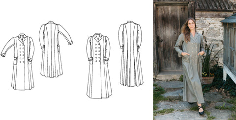 On the right is the duster worn by a woman walking away from a wooden building. On the left is line drawings of the two views for 230 Model t Duster.