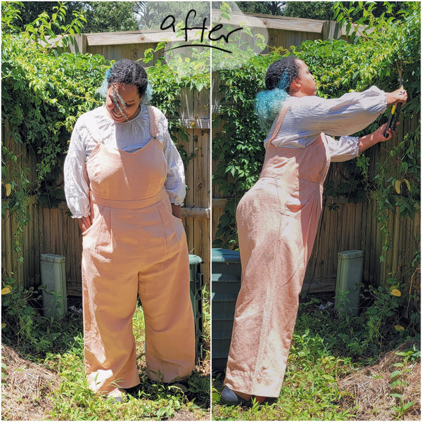Photos of woman outside cutting a branch wearing pink overalls