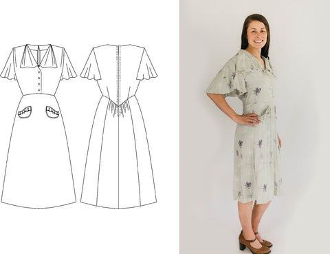 On the right is a woman wearing a pale blue rayon 1930s day dress with flutter sleeves and a collar.  On the left is the line drawing for the dress front and back.