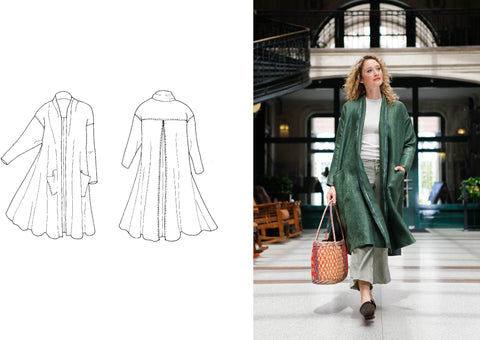 On the right, a woman walking toward the camera carrying a bag in the right hand and wearing a green swing coat.  On the left, line drawings of the coat front and back.
