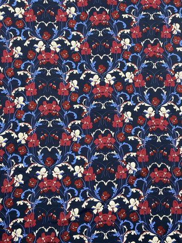 blue, red, and white art deco floral pattern on viscose challis
