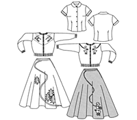 Black and white flat lays of poodle skirts, blouse, and sweaters from 256 At the Hop pattern.