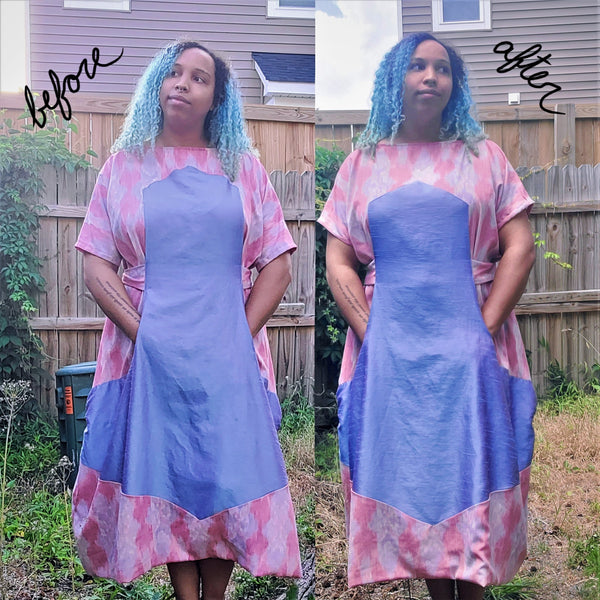 Woman standing outside wearing 261 Paris Promenade Dress - before and after photos of the pink dress with blue overlay.