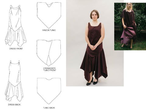 Images on right are of a woman wearing a maroon monte carlo dress and a woman twirling in the dress and overcape. On the left are line drawings of the pattern front and back.