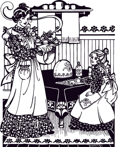 pen and ink illustration of a woman wearing a ruffled apron bringing scones to the a table with a teapot with cozy and a little girl sitting wearing an apron and napkin in her lap.