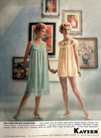 Magazine advertisement page with two women wearing lingerie nightgowns with art on the wall behind them.