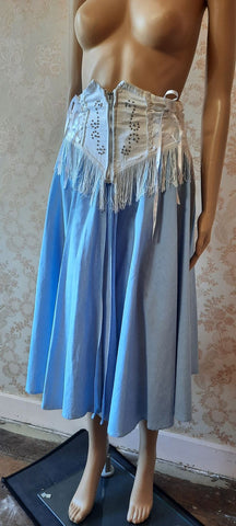 blue and white western skirt with fringe