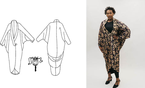 Image on the right is of a Black woman wearing a brown and black cocoon coat.  Image on the left is a line drawing of the cocoon coat front and back.