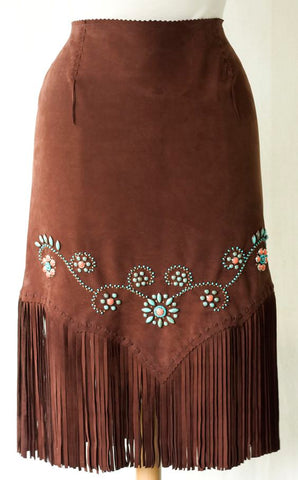 brown leather skirt with beaded applique