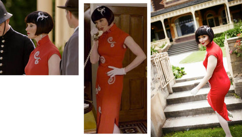 three photos of Miss Fisher in a red cheongsam