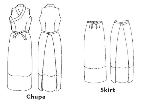 Front & Back Illustrations of the Folkwear 131 tibetan Chupa and Skirt