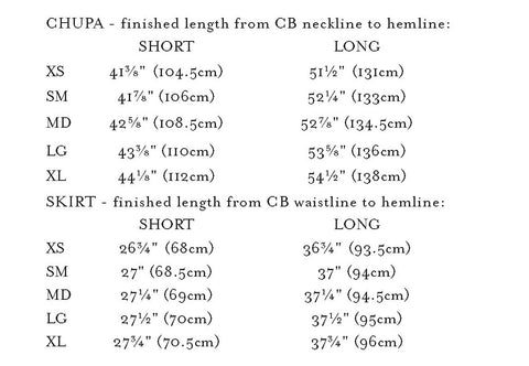 Folkwear 131 tibetan Chupa & Skirt Pattern Finished Length Chart