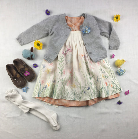 Photo of Folkwear 213 Child's Prairie Dress Pinafore styled with light blue sweater