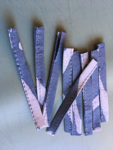 Photo of button-loop binding strips cut