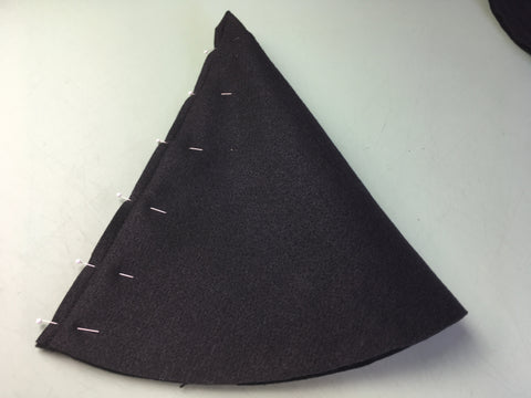 Photo of hat cone pinned and seam allowance stitched 