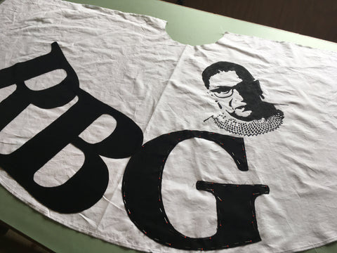 Photo of RBG fabric intials and portrait on the Folkwear 256 At The Hop skirt