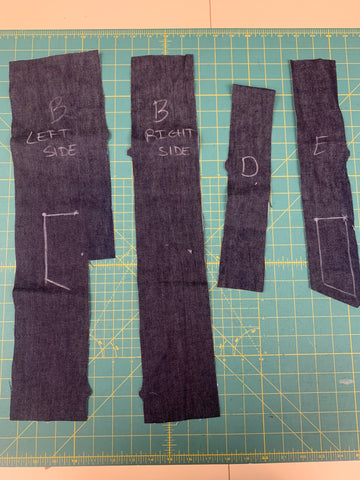 Rectangular pieces for the buttoned placket cut out of dark blue denim on a green cuttting mat.