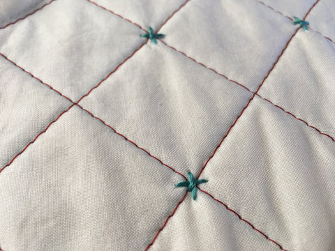 Up close photo of embroidery detail on tea cozy quilted cover
