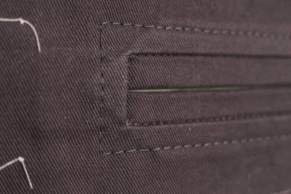Close up of the top stitching corners.
