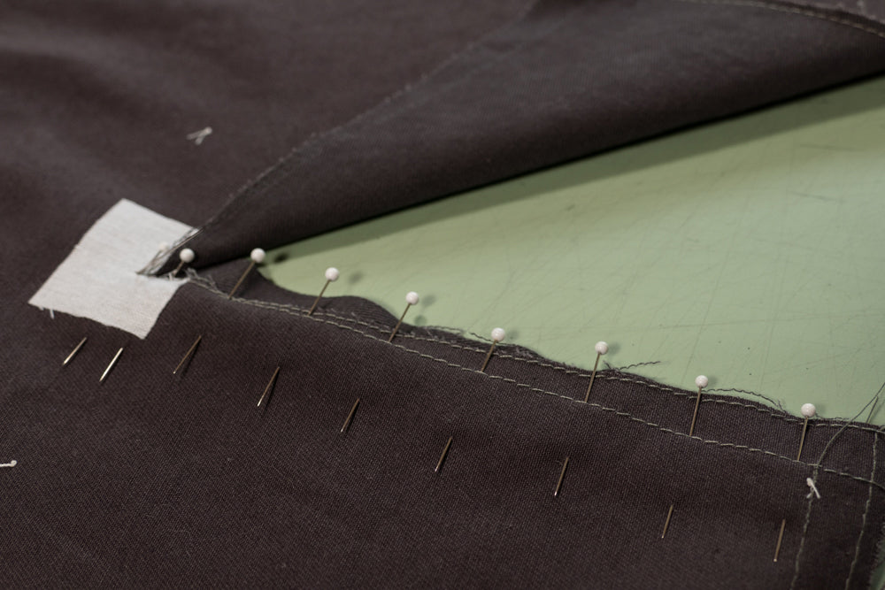 With wrong side up pin Front Buttonhole facing on one side to the pant using the stitching line as a guide.