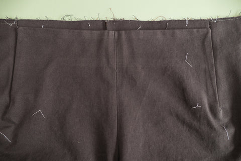 The right/outside of the pants with the front dart gusset attached and tucked away in side the pants. 