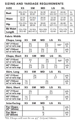 Folkwear 131 Tibetan Chupa & Skirt Pattern Size and Yardage Chart 