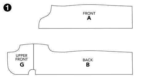 Illustration of Hong Kong Cheongsam pattern Pieces Front A , Upper Front G, and Back B
