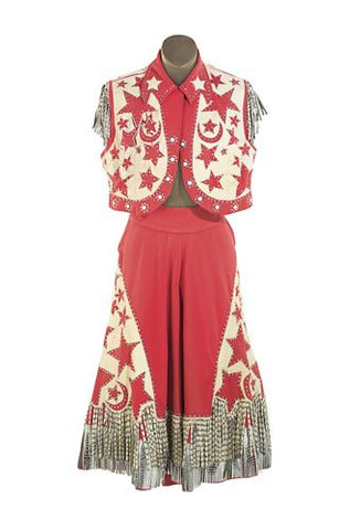 red and white cowgirl outfit with fringed skirt and vest.