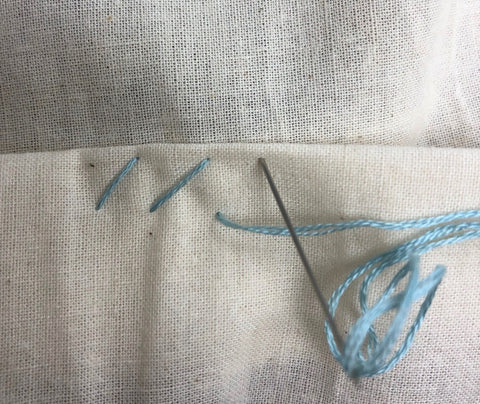Cross stitch, first stich in blue across white fabric