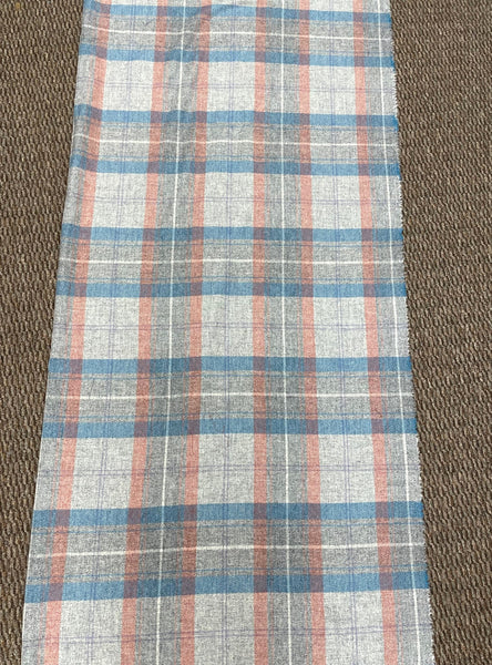 teal, white, and coral colored plaid fabric