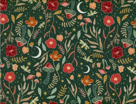 dark green flannel with flowers, mushrooms, and moons printed on it.