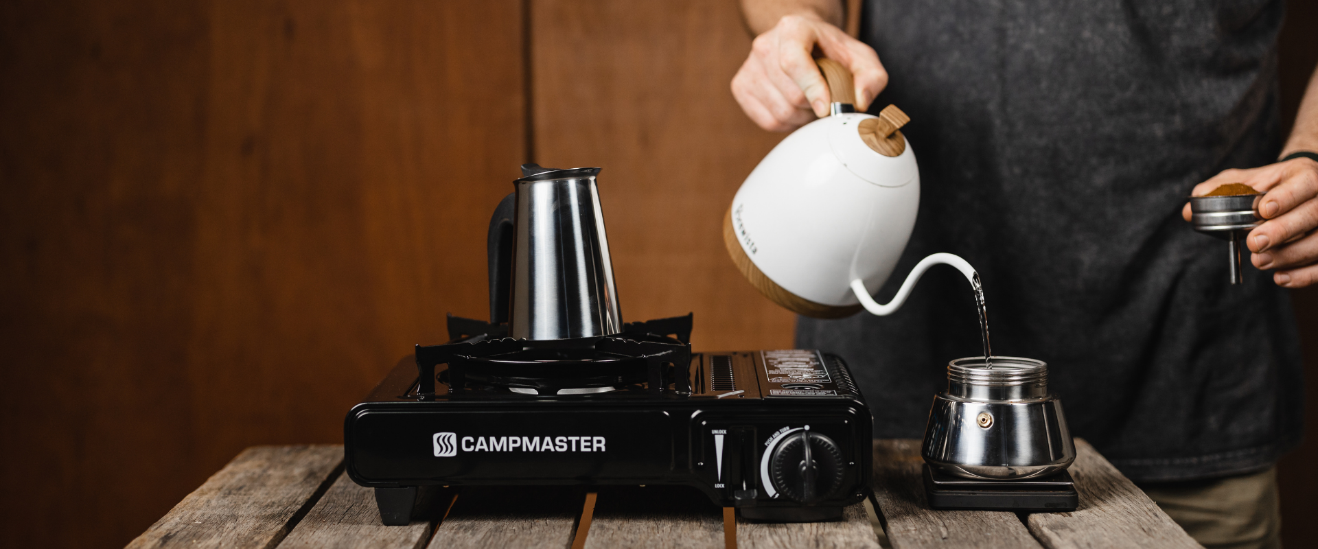 Person pouring water into Stovetop coffee maker