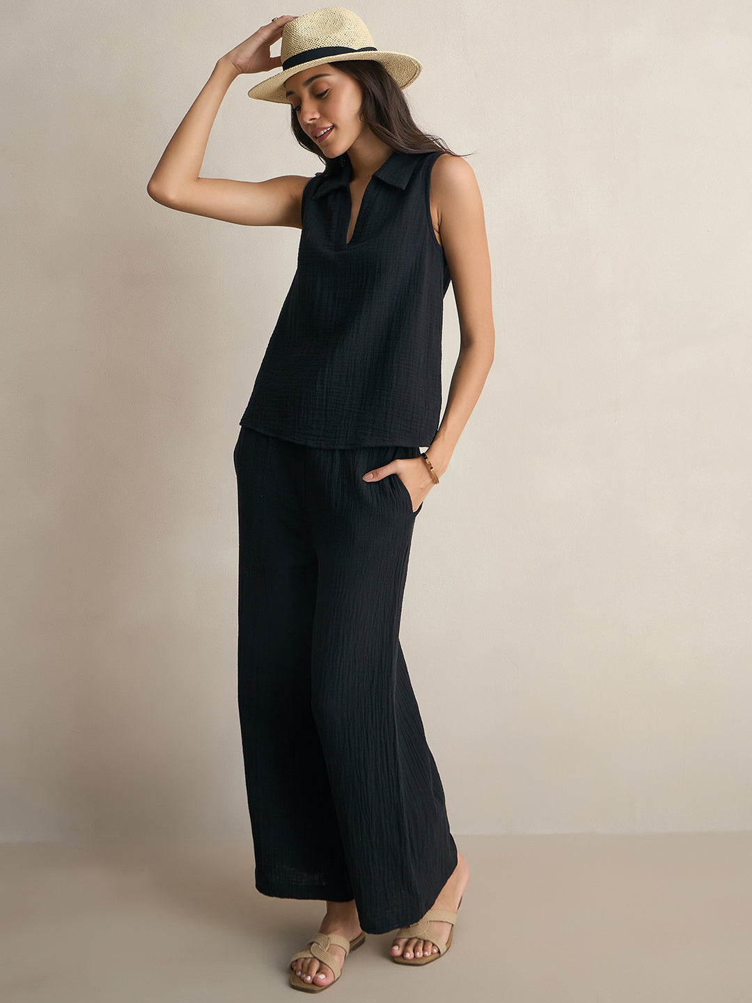 Black Cotton Sleeveless Top With Straight Pant - FEMMELLA product image