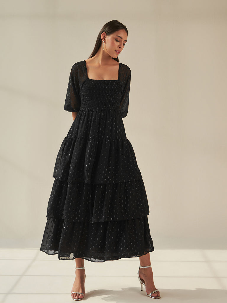 Black Formal Smocked Tiered Maxi Dress