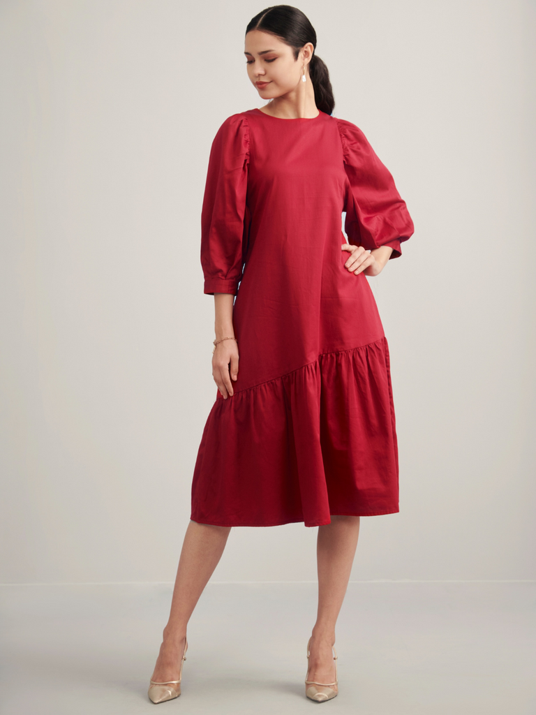 Red Cotton Asymmetric Tiered Midi Dress