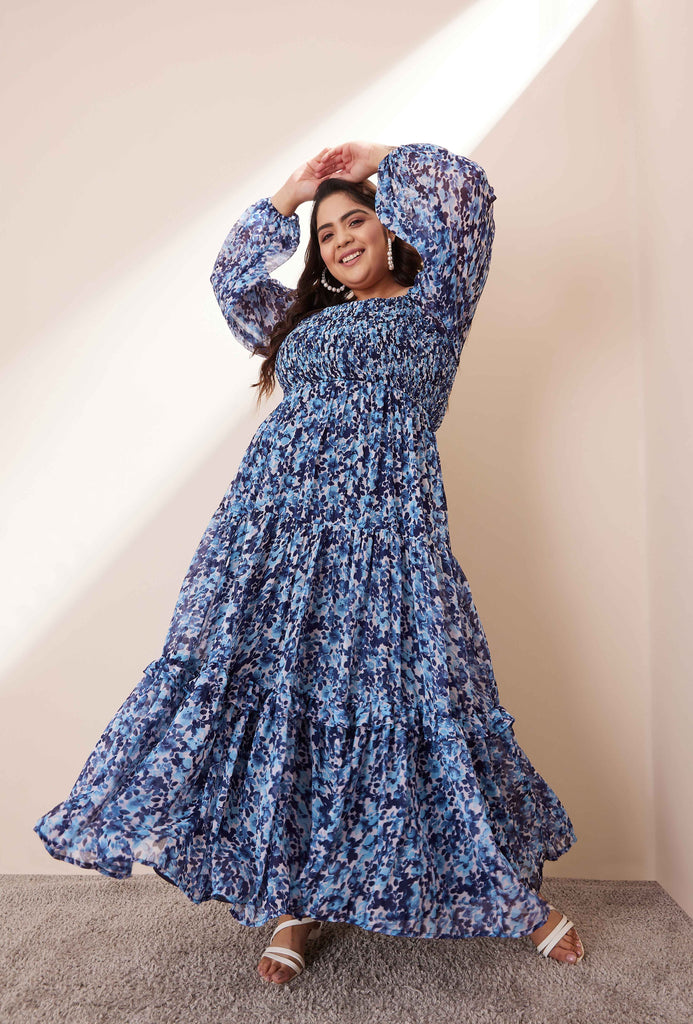 blue floral smocked tiered maxi