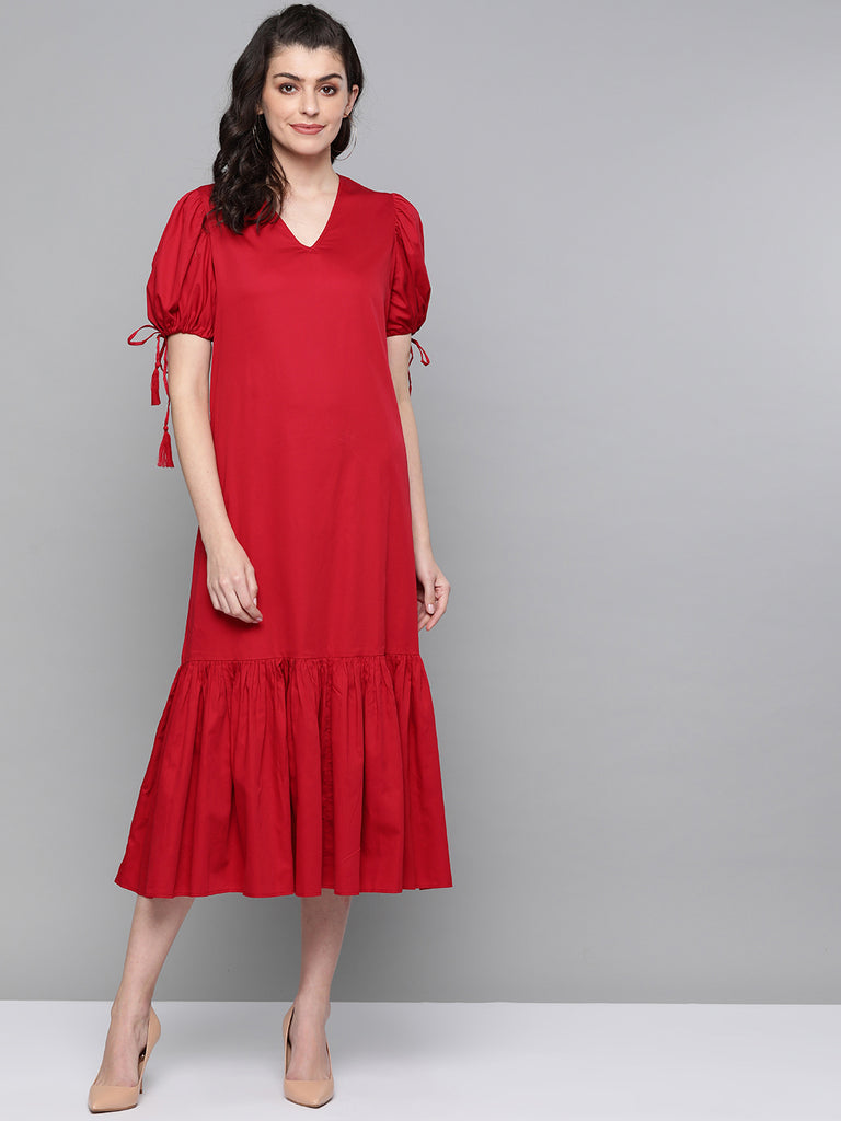 red cotton dress with sleeves